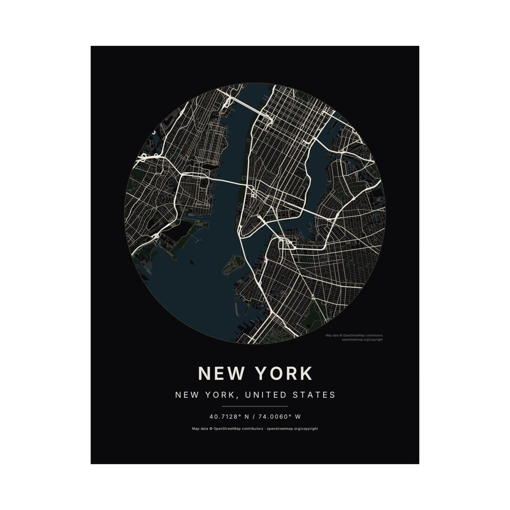 New York, New York City Map Print — Noir Black Street Map Wall Art