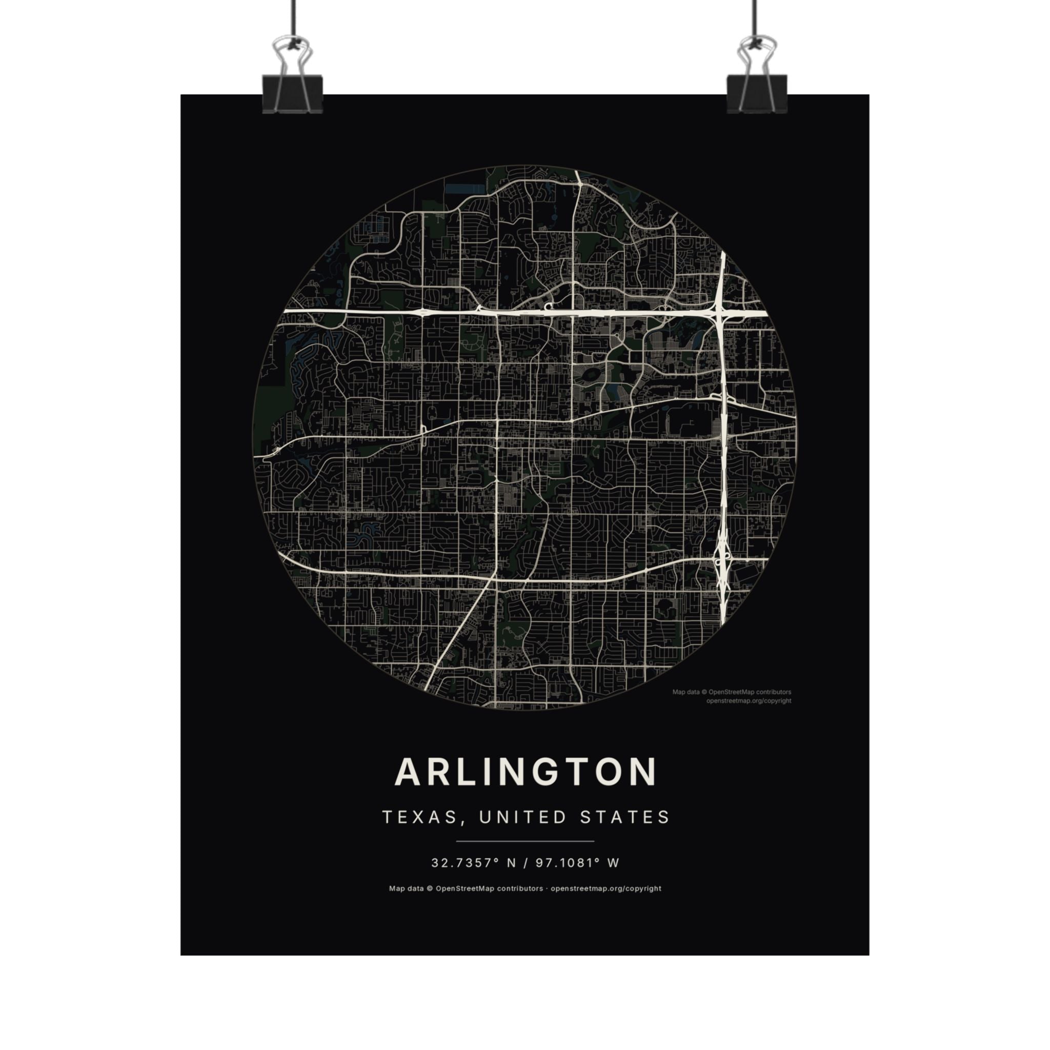 Arlington, Texas City Map Print — Noir Black Street Map Wall Art