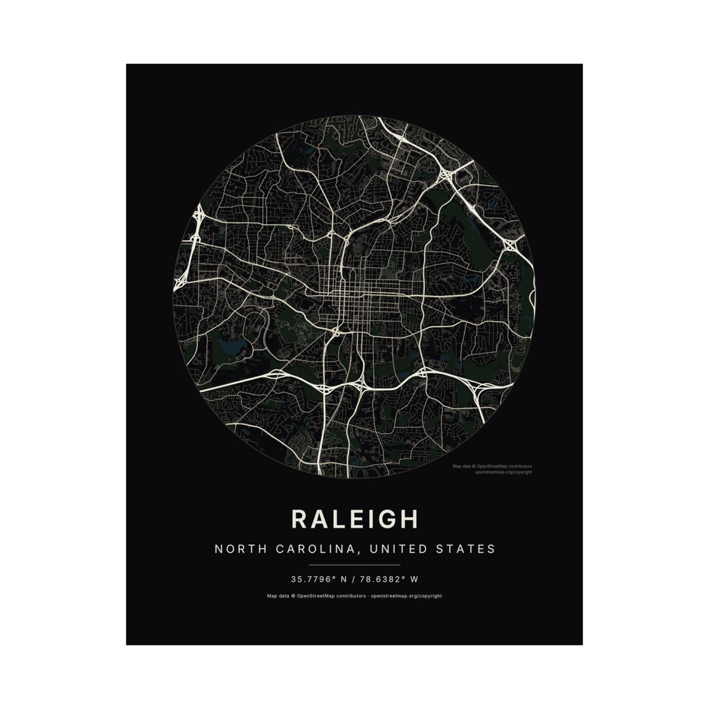 Raleigh, North Carolina City Map Print — Noir Black Street Map Wall Art