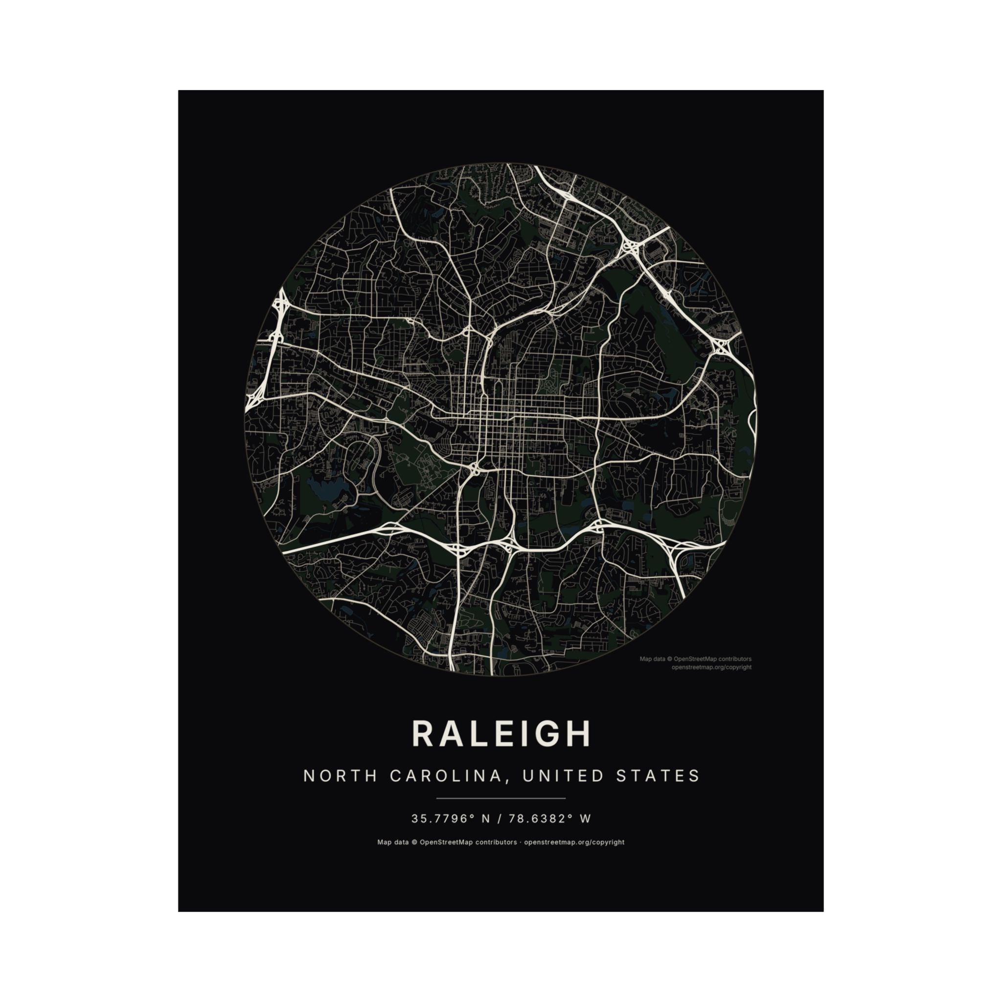 Raleigh, North Carolina City Map Print — Noir Black Street Map Wall Art