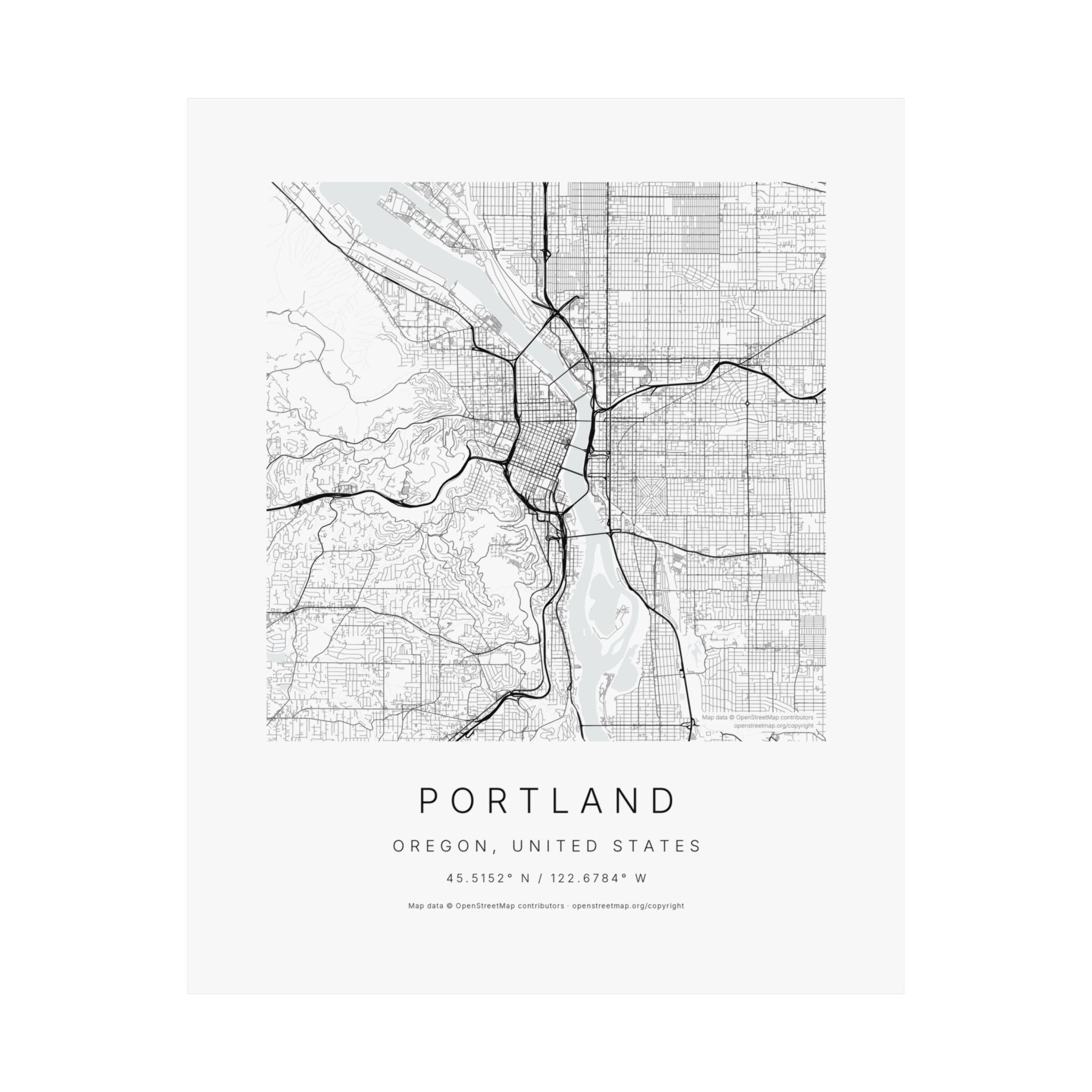 Portland, Oregon City Map Print — Minimalist Street Map Wall Art