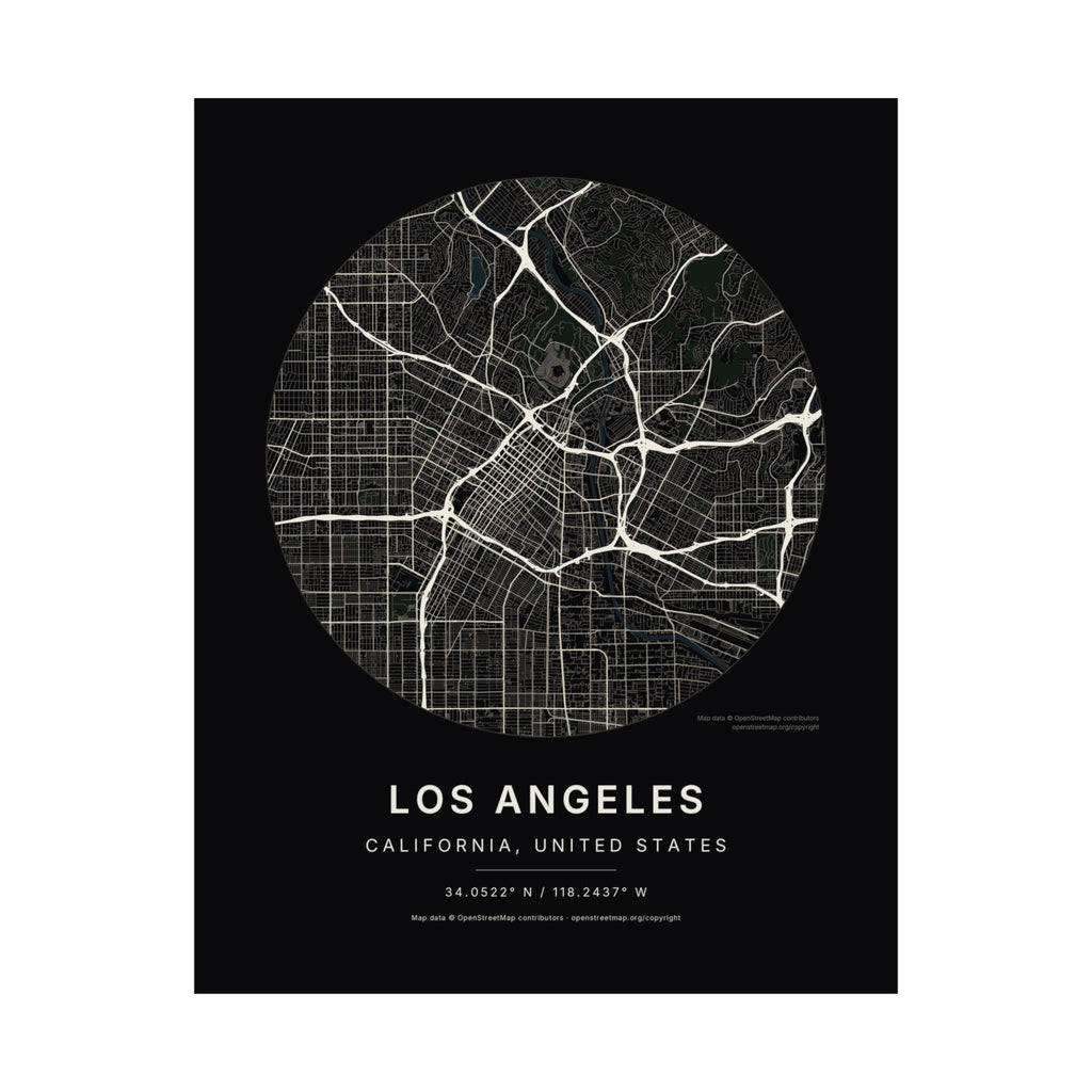 Los Angeles, California City Map Print — Noir Black Street Map Wall Art