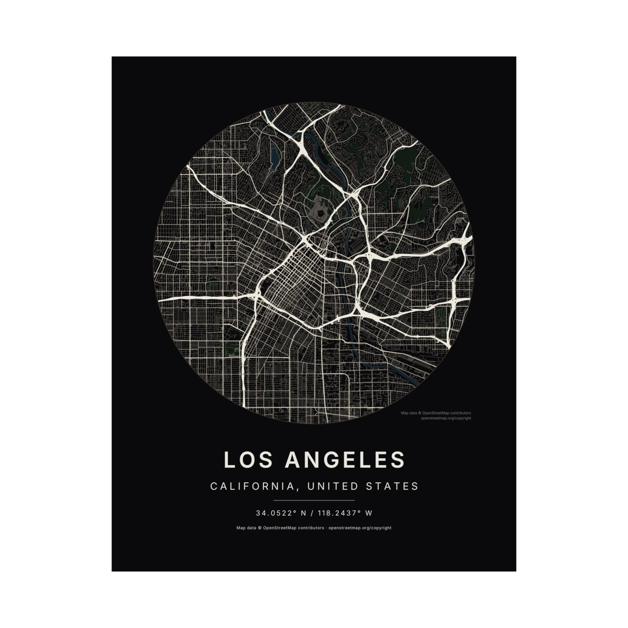 Los Angeles, California City Map Print — Noir Black Street Map Wall Art