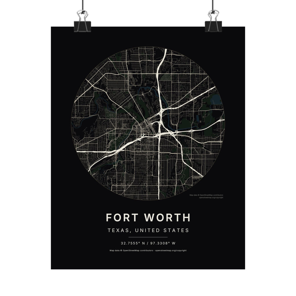 Fort Worth, Texas City Map Print — Noir Black Street Map Wall Art