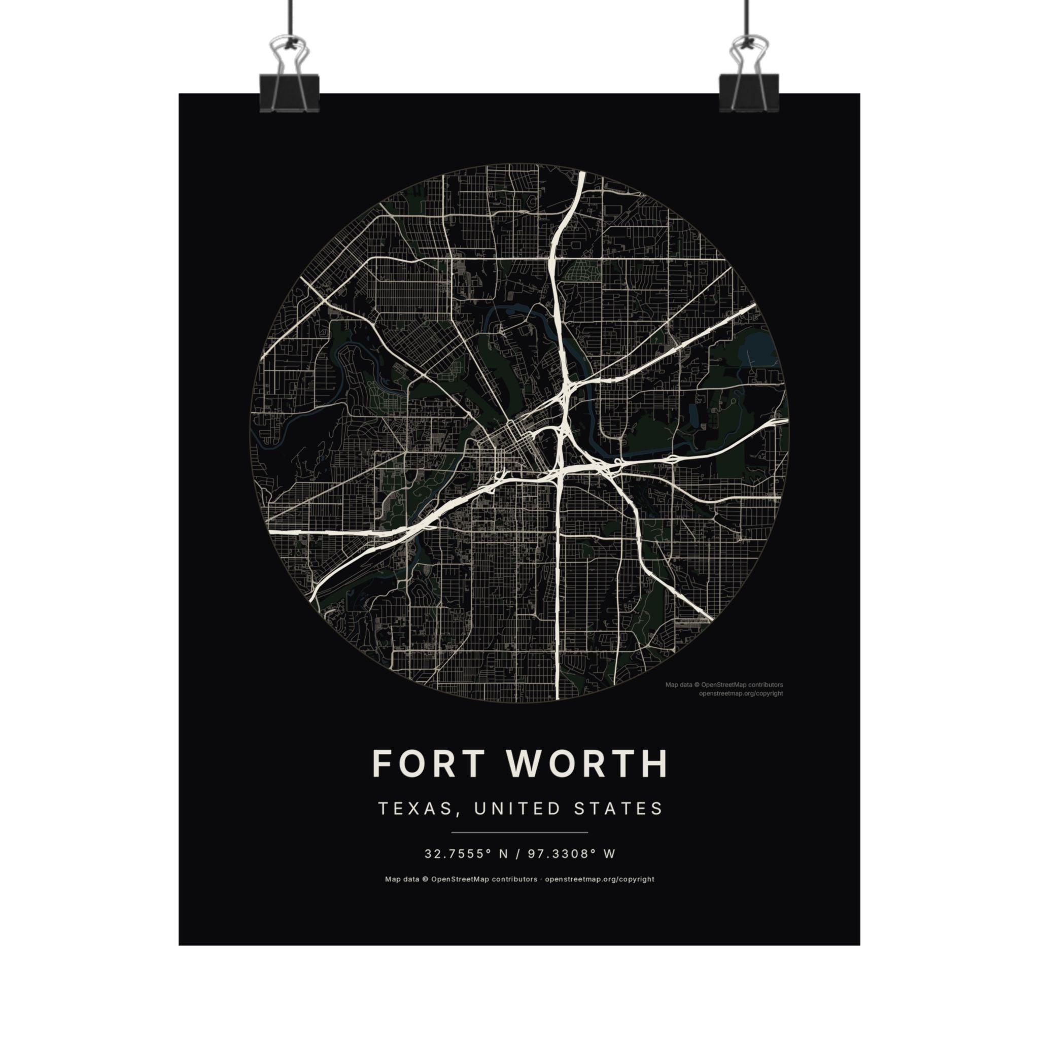 Fort Worth, Texas City Map Print — Noir Black Street Map Wall Art