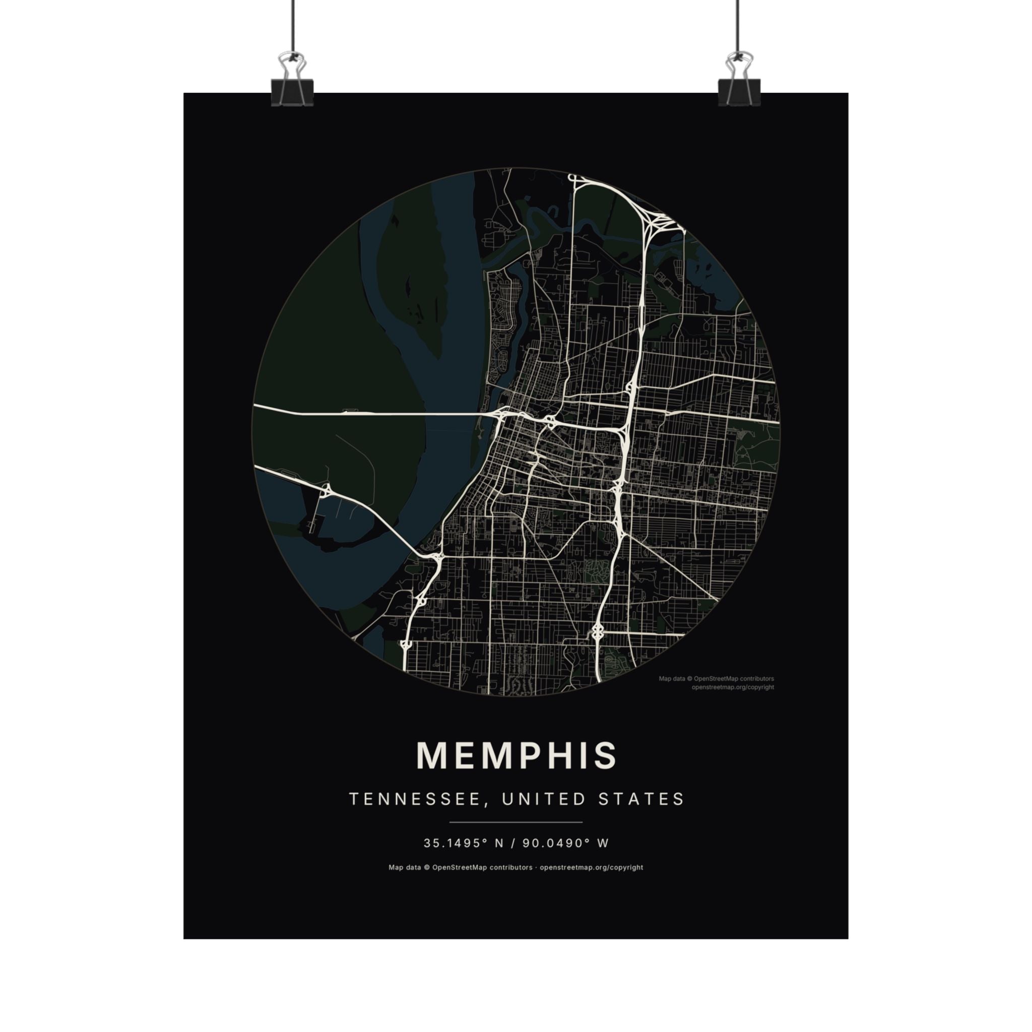 Memphis, Tennessee City Map Print — Noir Black Street Map Wall Art