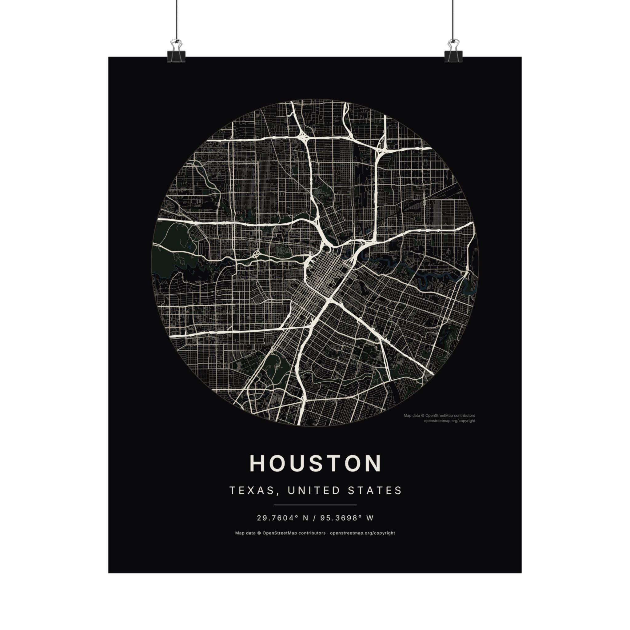 Houston, Texas City Map Print — Noir Black Street Map Wall Art