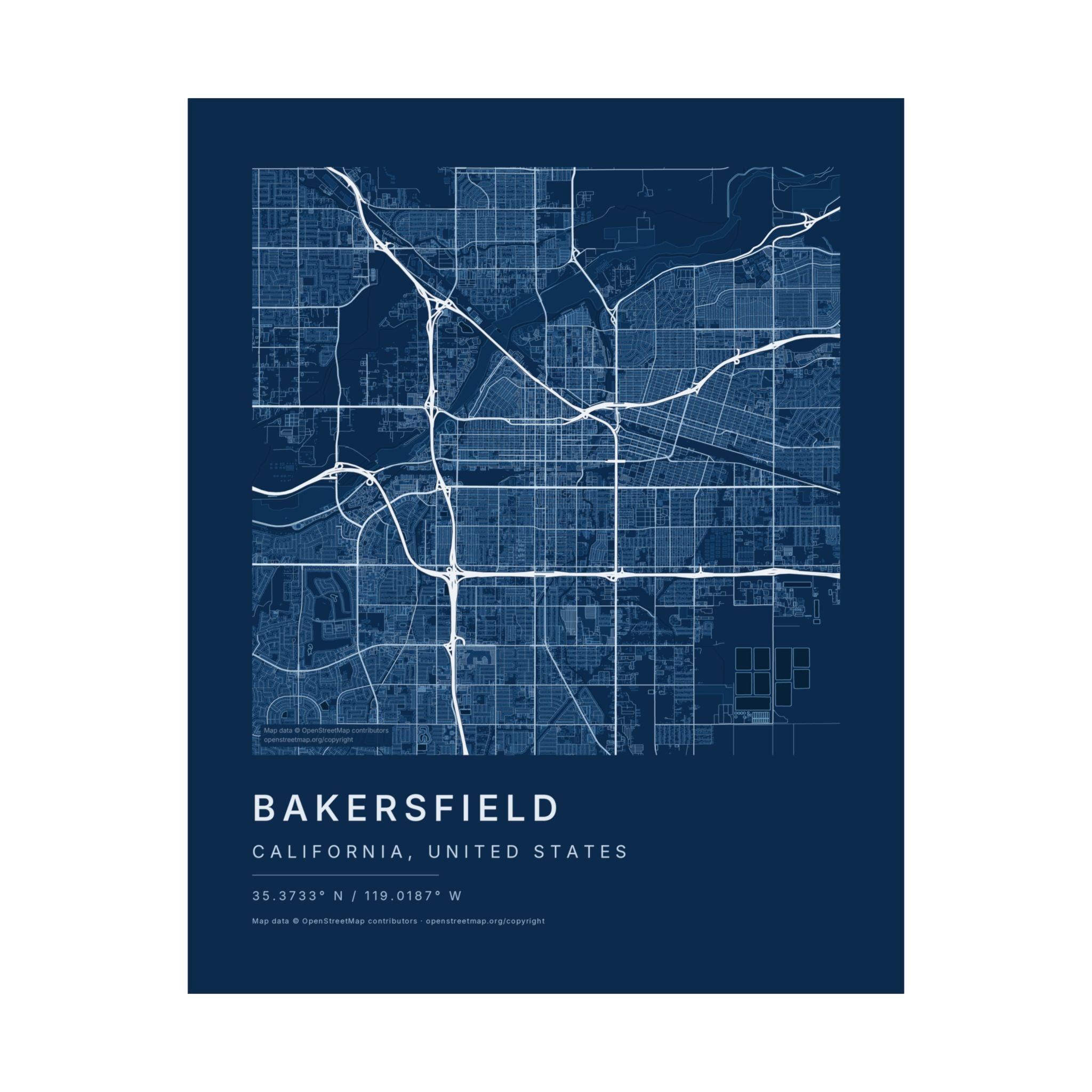 Bakersfield, California City Map Print — Blueprint Navy Street Map Wall Art