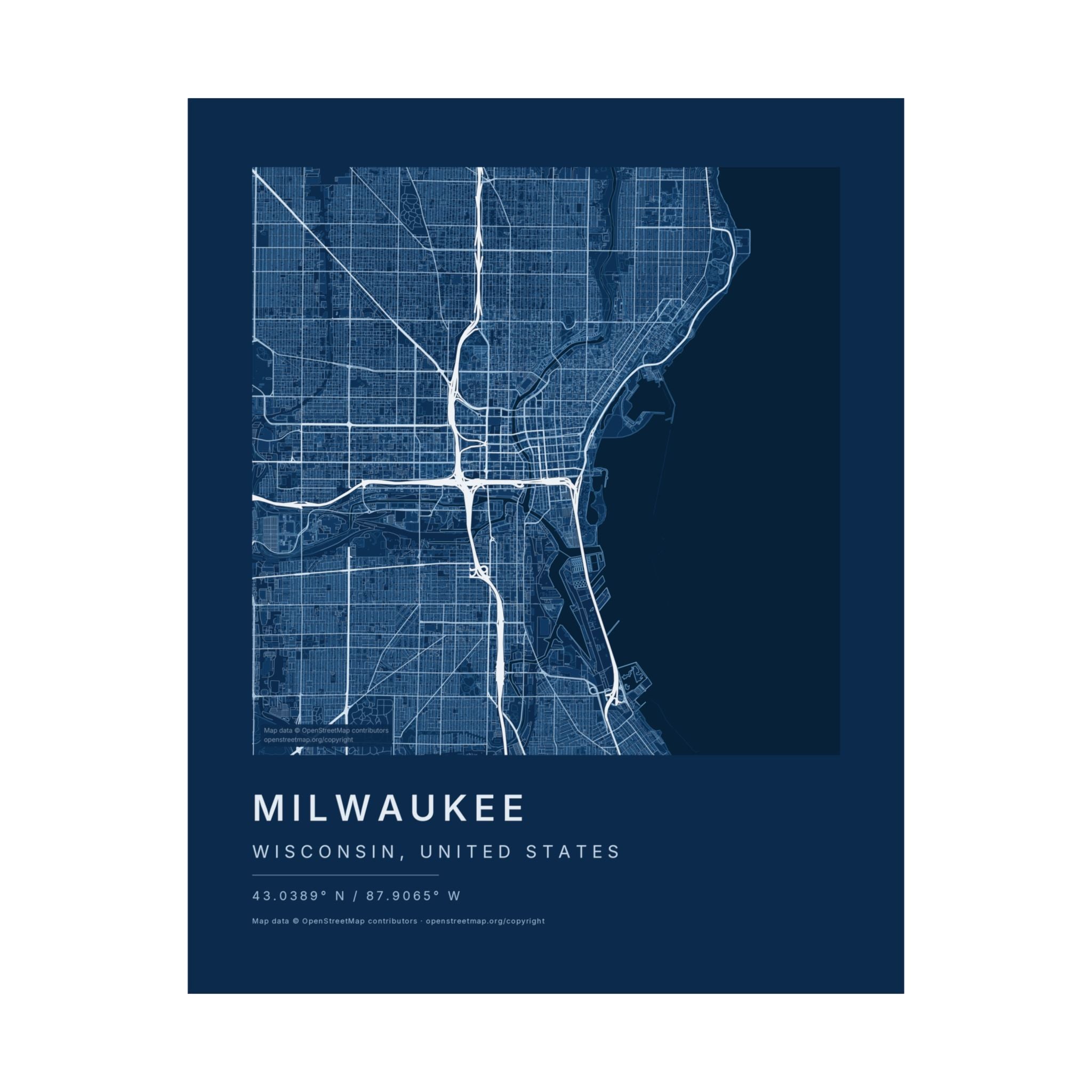 Milwaukee, Wisconsin City Map Print — Blueprint Navy Street Map Wall Art