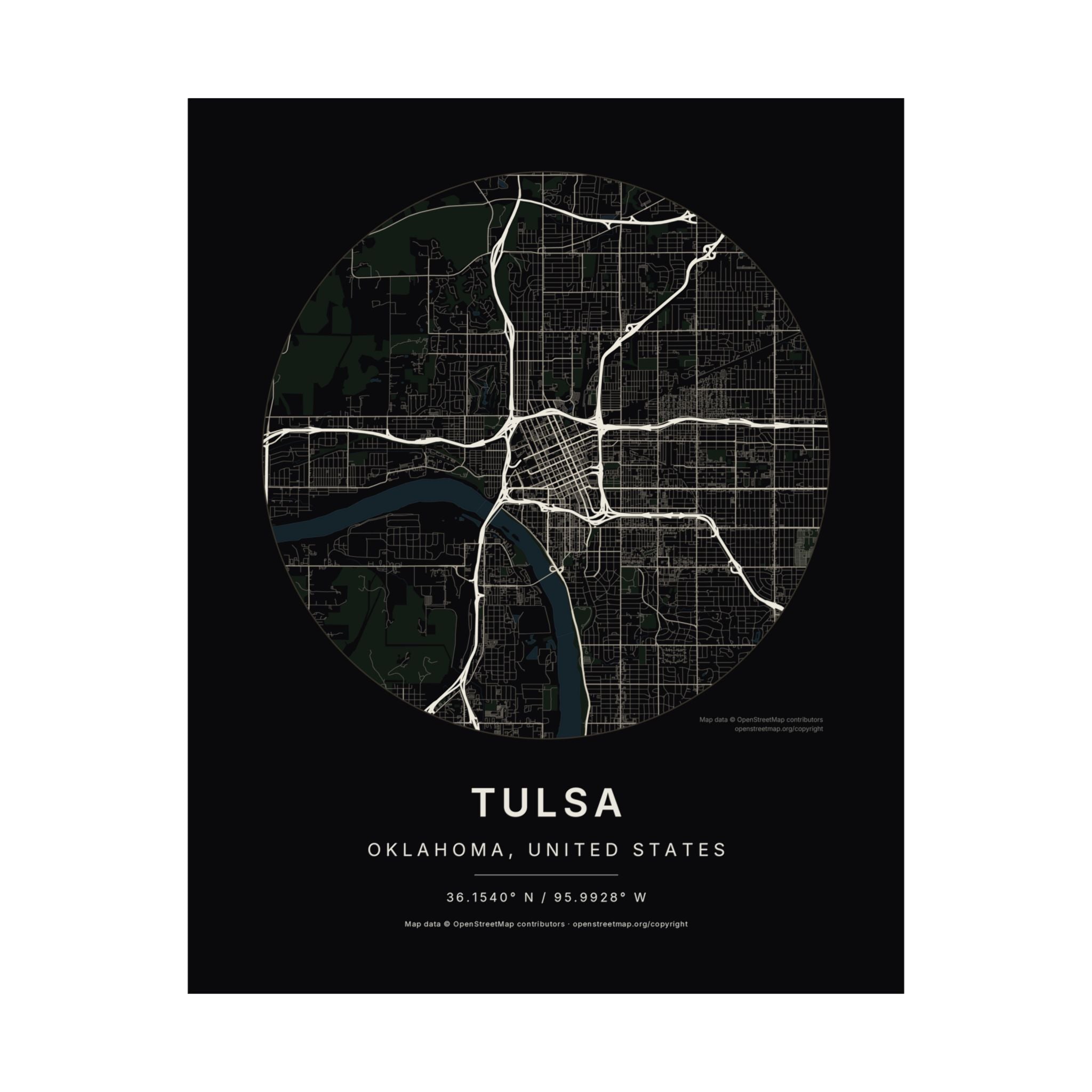 Tulsa, Oklahoma City Map Print — Noir Black Street Map Wall Art