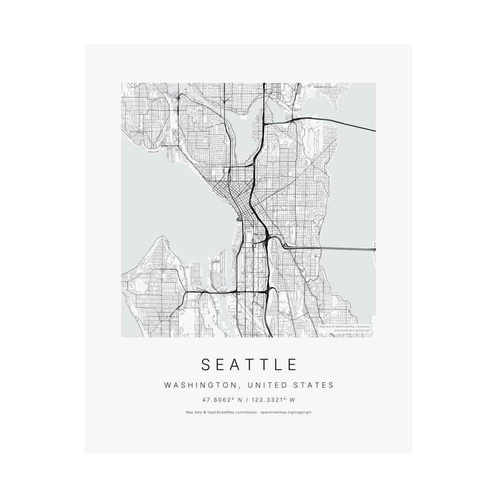 Seattle, Washington City Map Print — Minimalist Street Map Wall Art