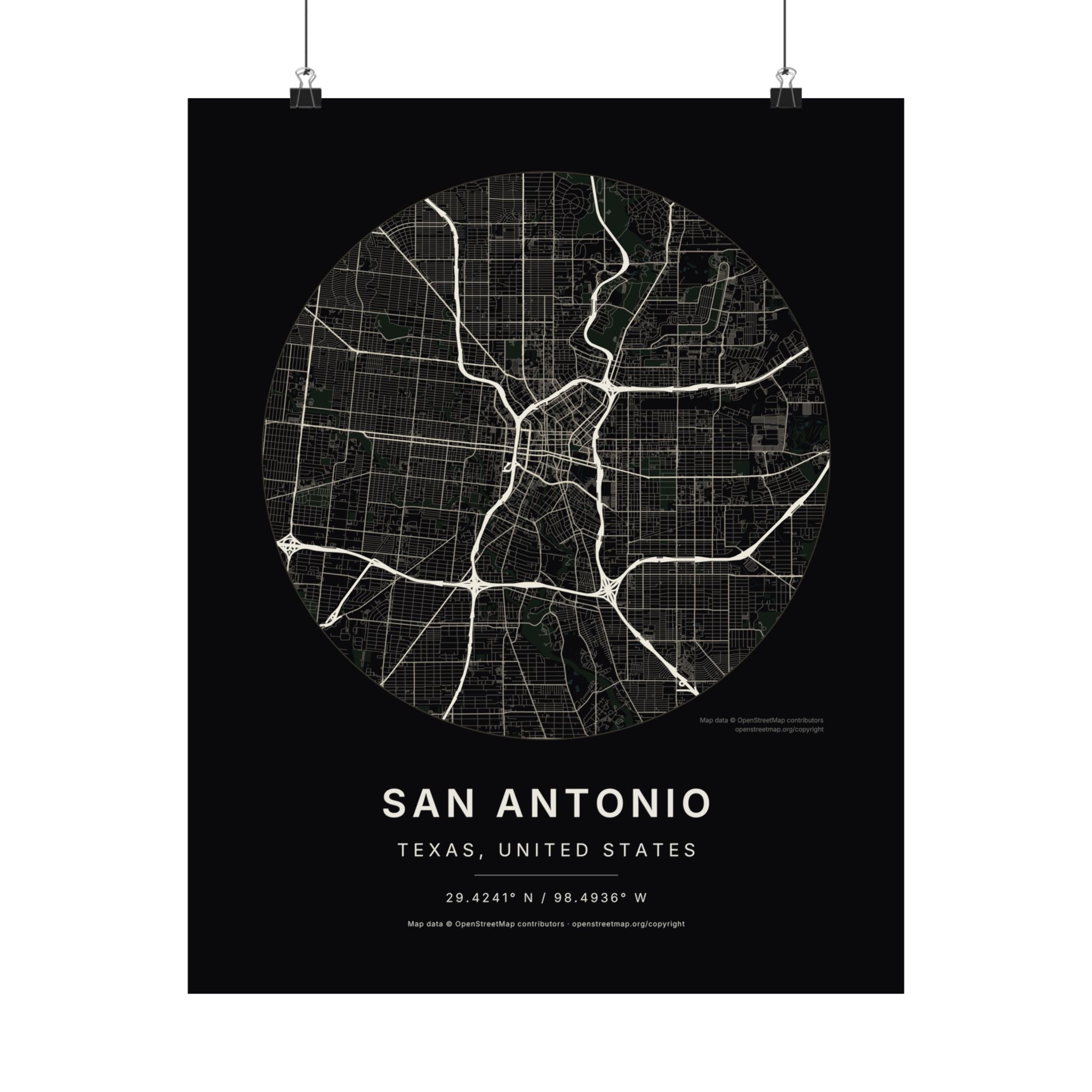 San Antonio, Texas City Map Print — Noir Black Street Map Wall Art