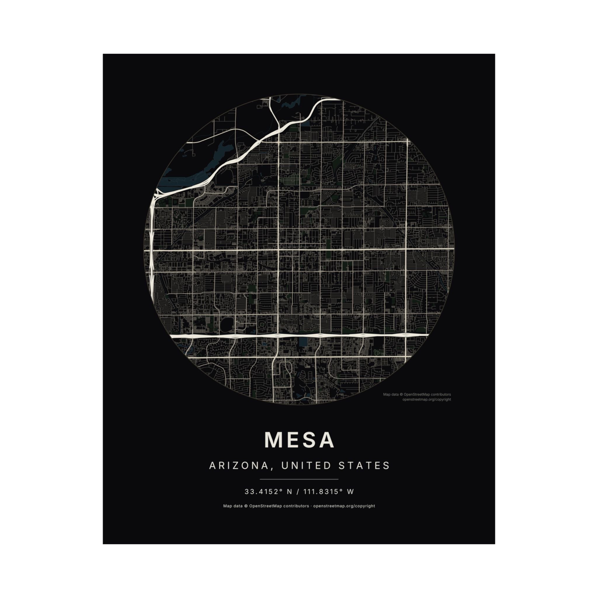 Mesa, Arizona City Map Print — Noir Black Street Map Wall Art