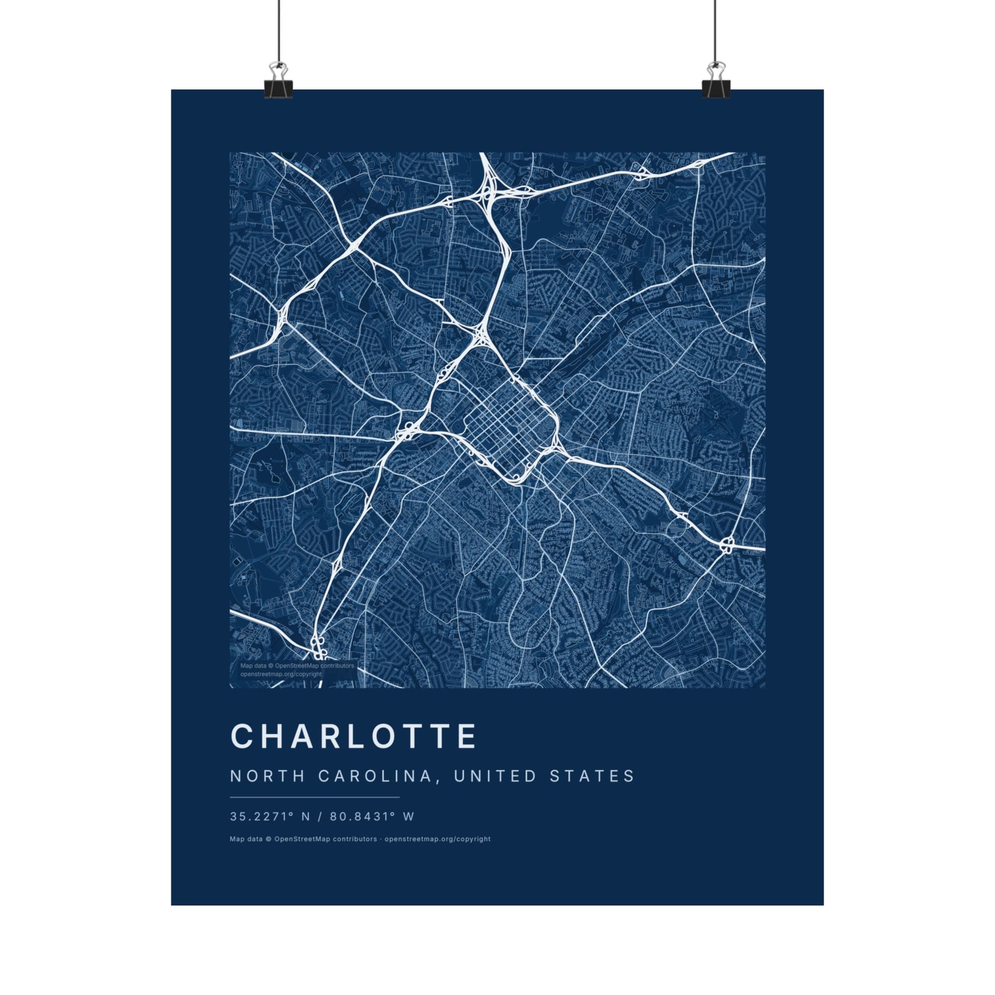 Charlotte, North Carolina City Map Print — Blueprint Navy Street Map Wall Art