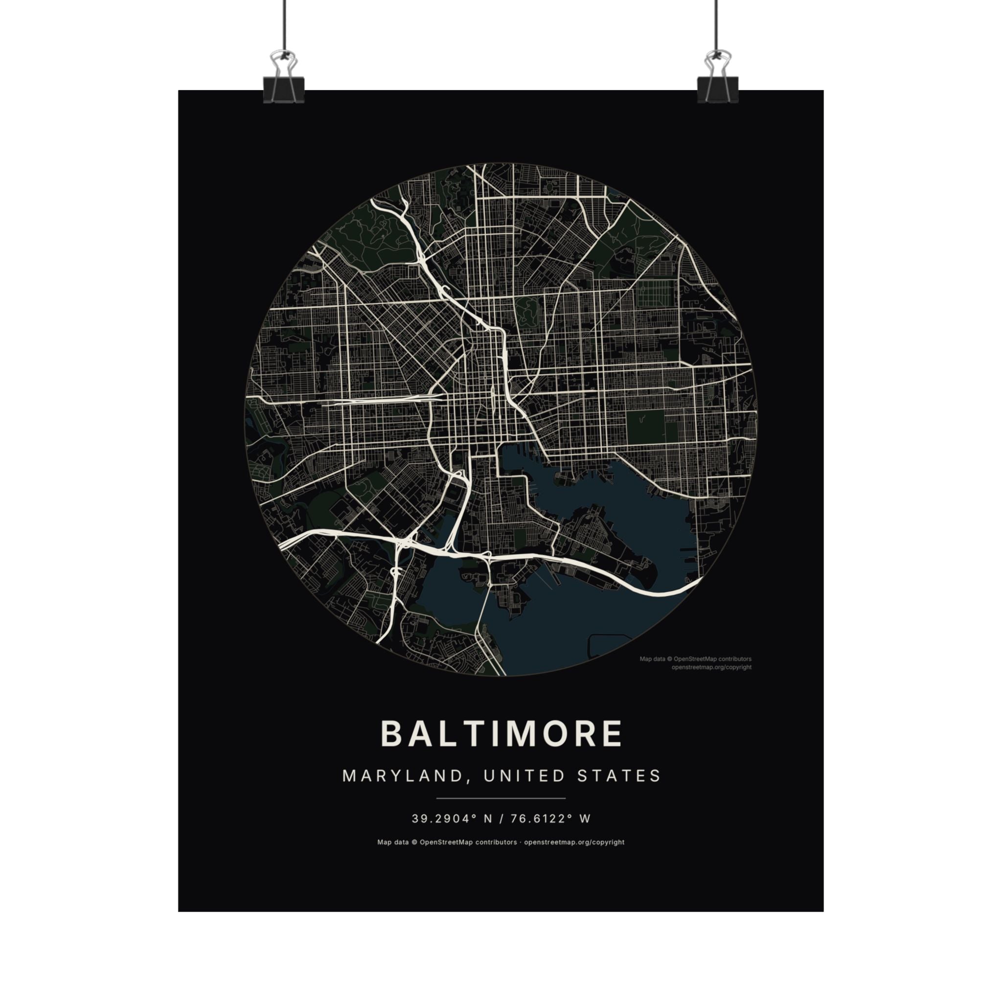 Baltimore, Maryland City Map Print — Noir Black Street Map Wall Art