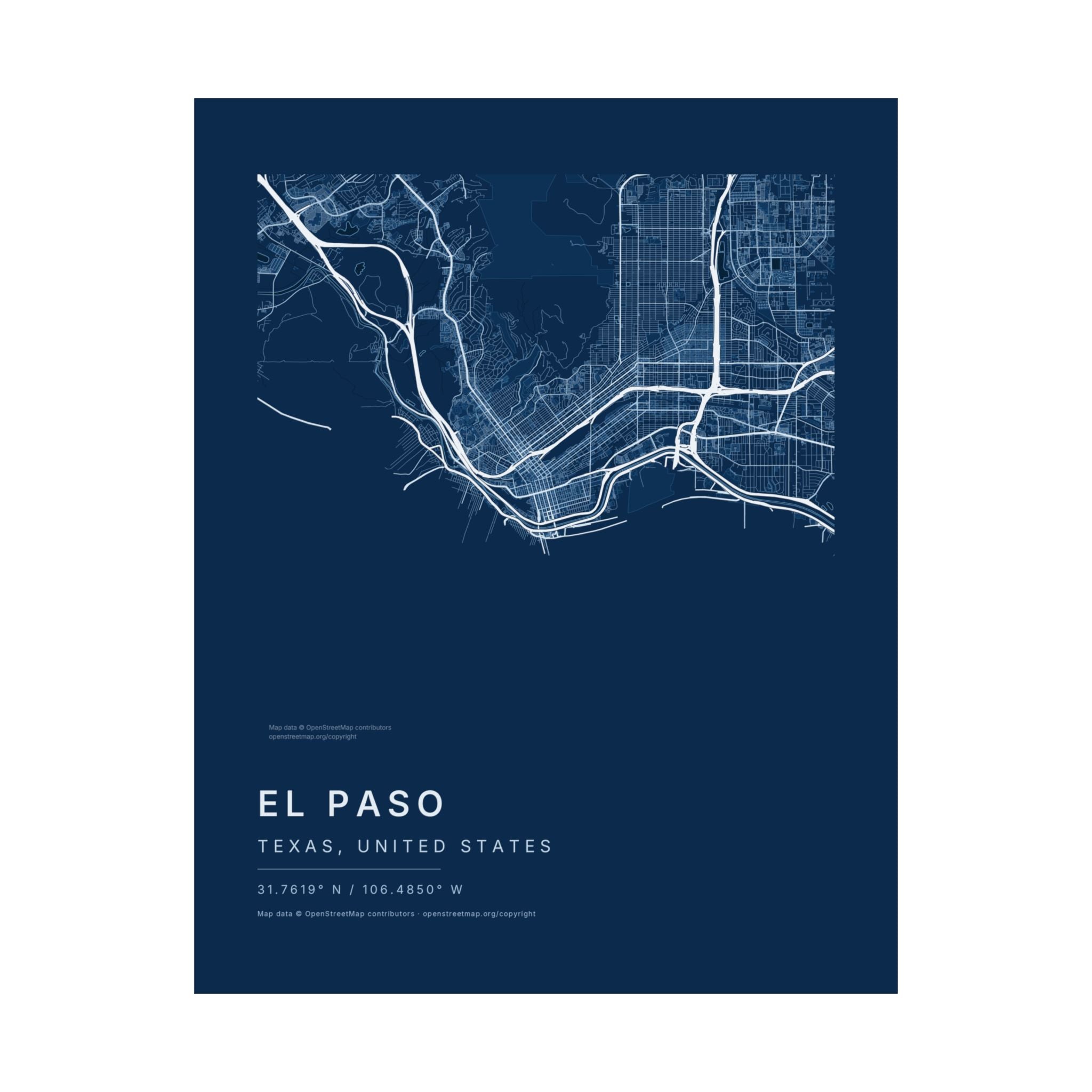 El Paso, Texas City Map Print — Blueprint Navy Street Map Wall Art
