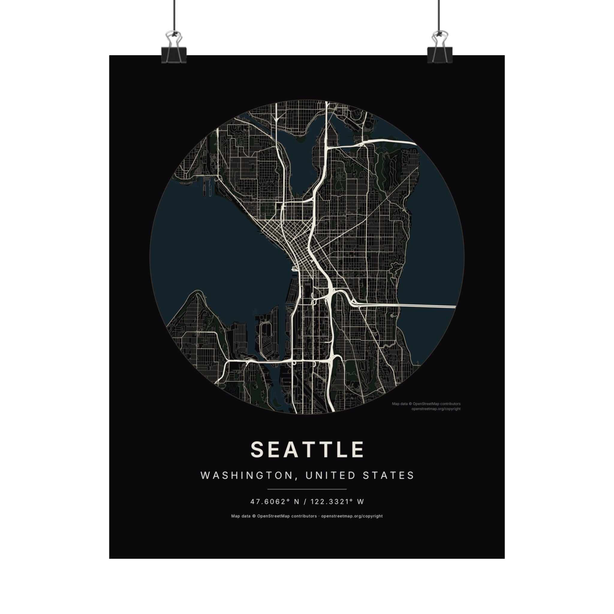 Seattle, Washington City Map Print — Noir Black Street Map Wall Art