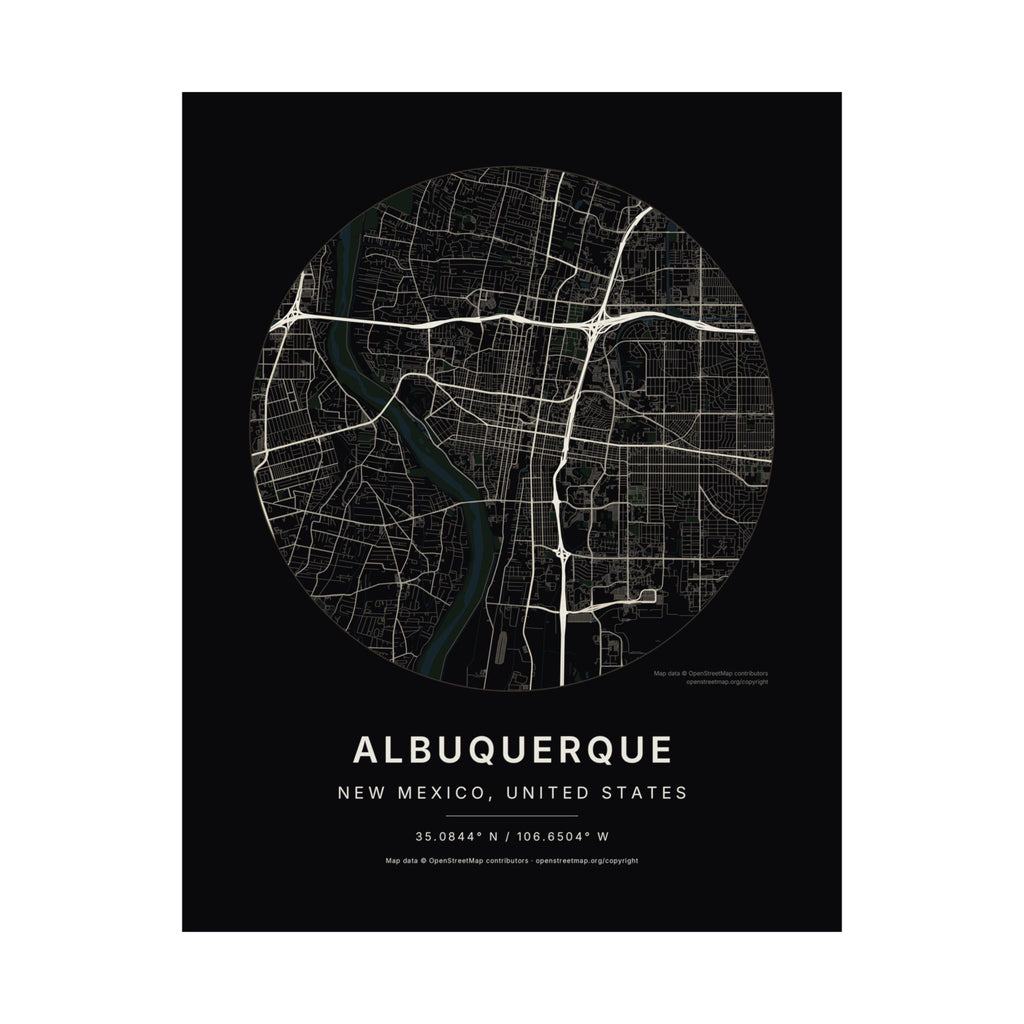 Albuquerque, New Mexico City Map Print — Noir Black Street Map Wall Art