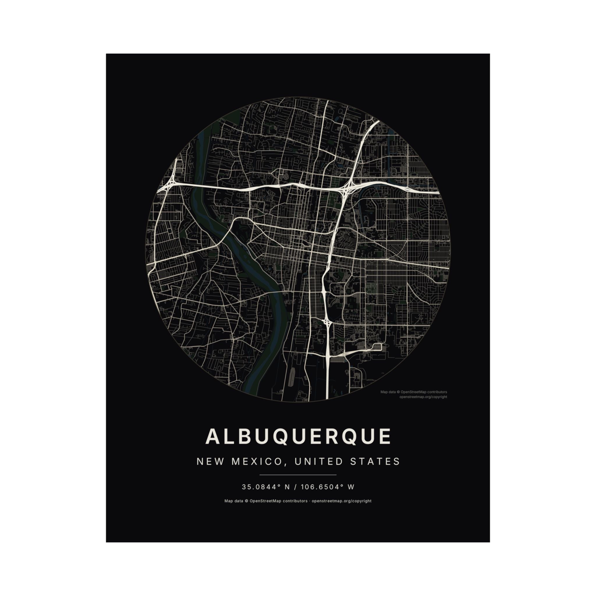 Albuquerque, New Mexico City Map Print — Noir Black Street Map Wall Art