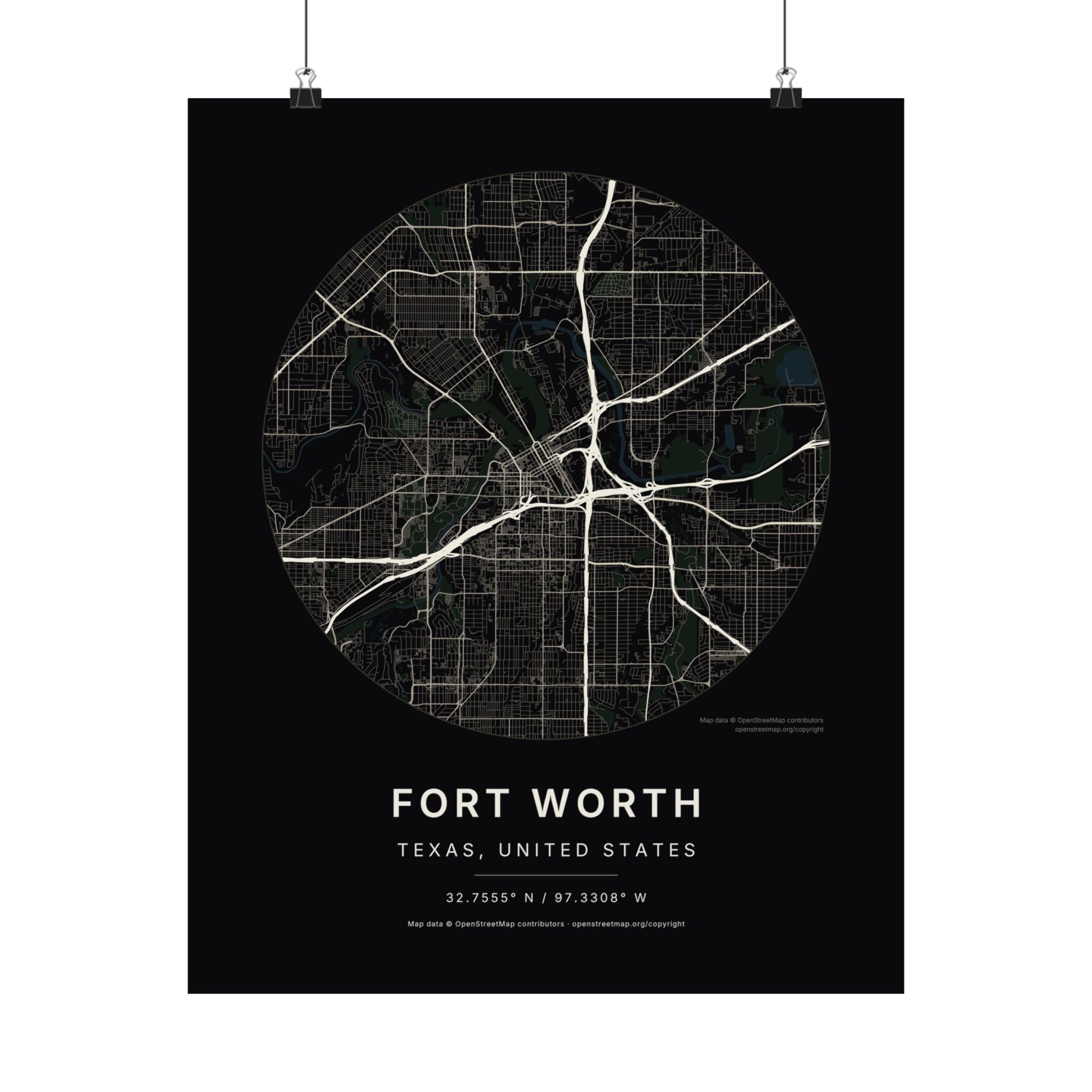 Fort Worth, Texas City Map Print — Noir Black Street Map Wall Art
