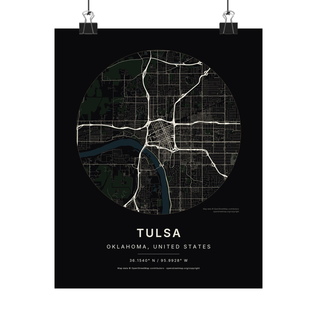 Tulsa, Oklahoma City Map Print — Noir Black Street Map Wall Art