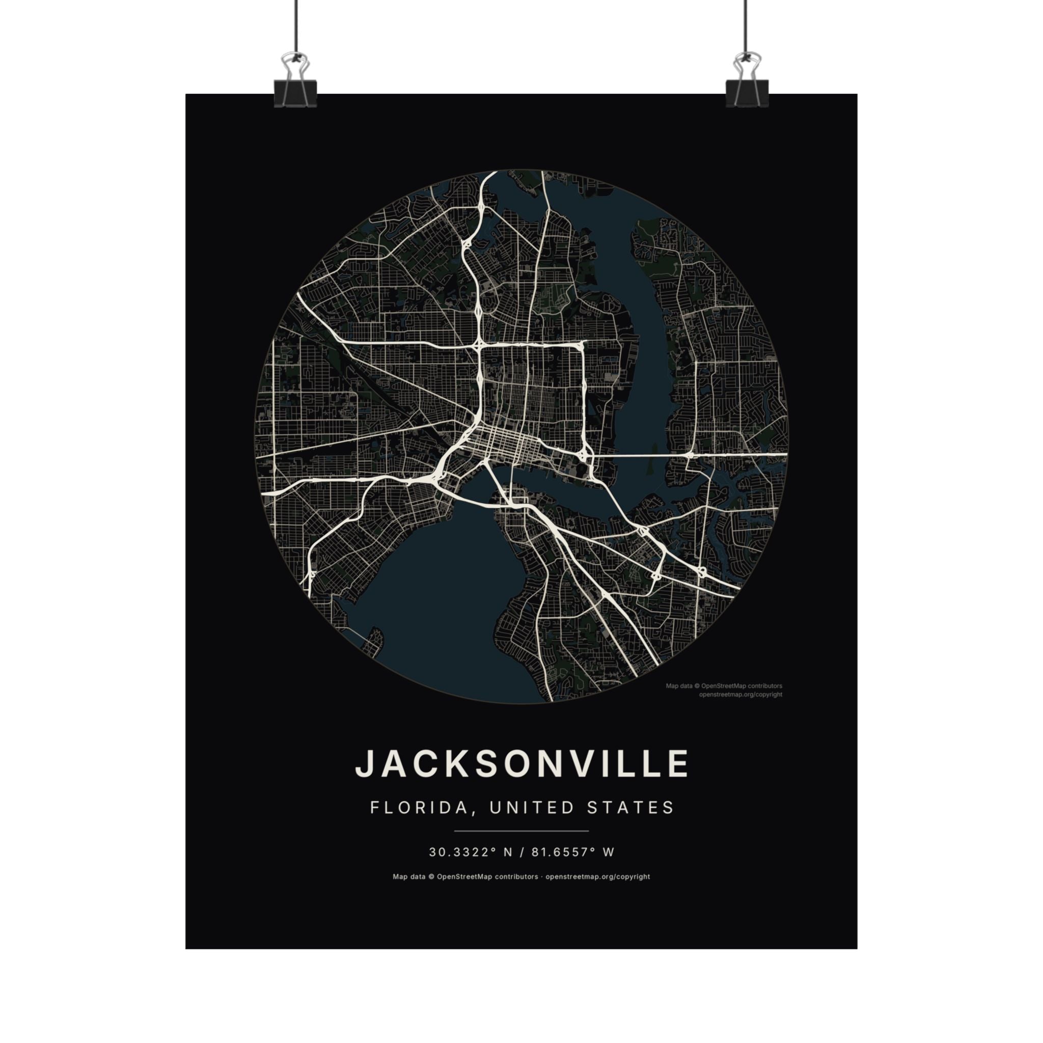 Jacksonville, Florida City Map Print — Noir Black Street Map Wall Art
