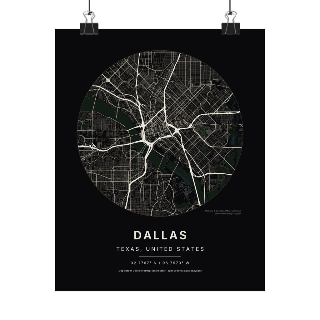 Dallas, Texas City Map Print — Noir Black Street Map Wall Art