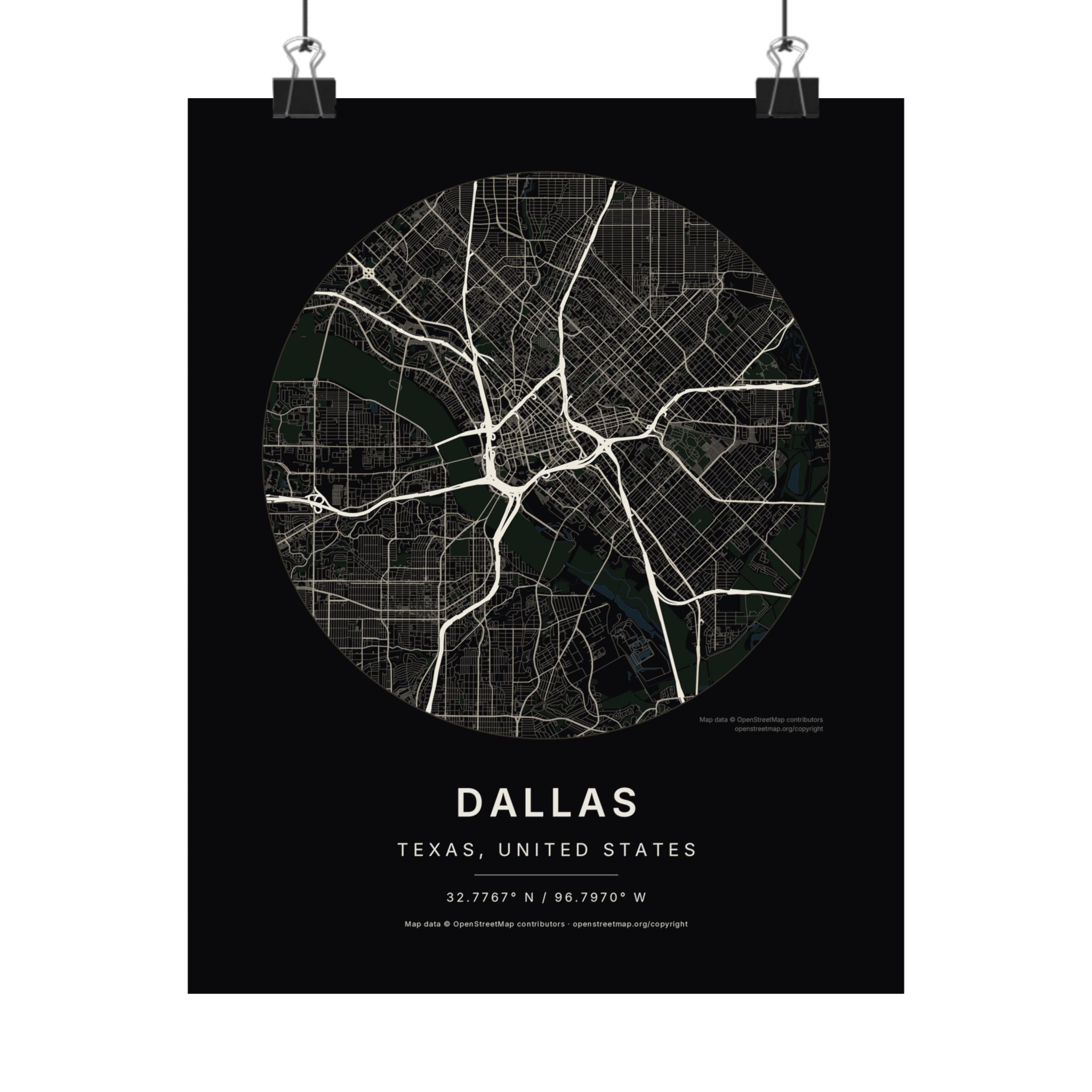 Dallas, Texas City Map Print — Noir Black Street Map Wall Art