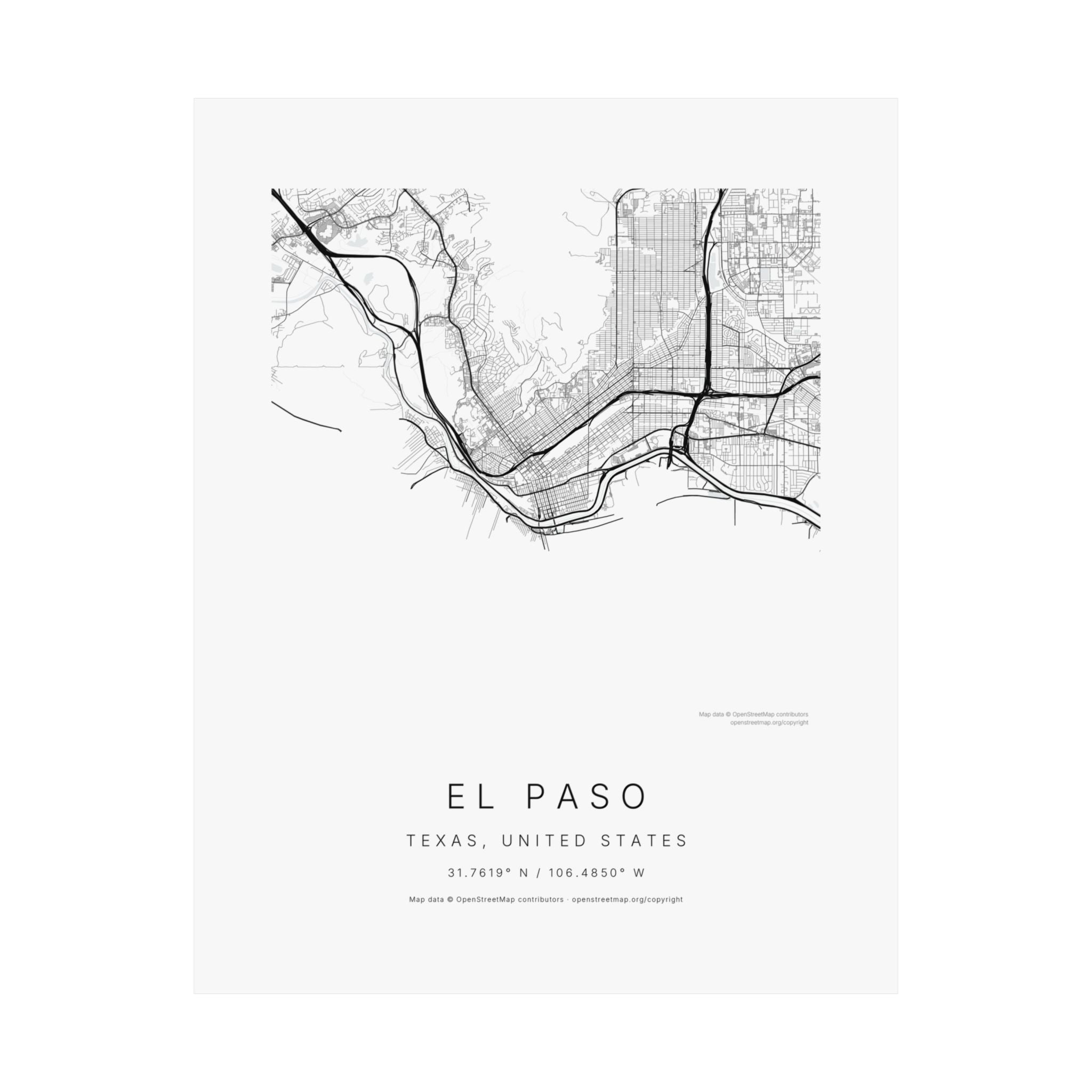 El Paso, Texas City Map Print — Minimalist Street Map Wall Art