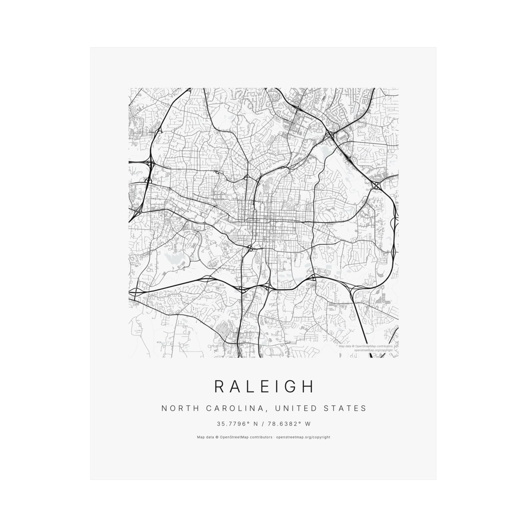 Raleigh, North Carolina City Map Print — Minimalist Street Map Wall Art