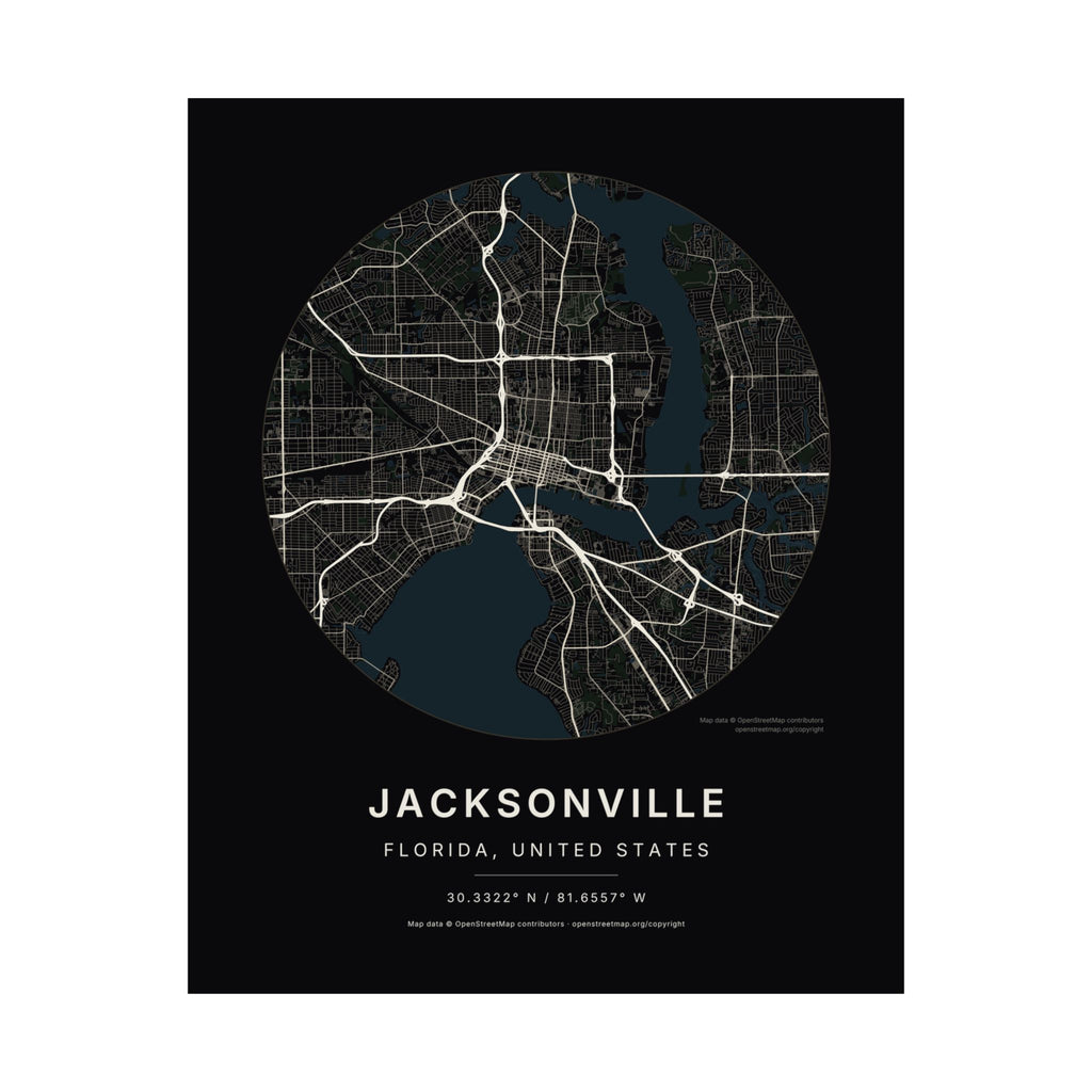 Jacksonville, Florida City Map Print — Noir Black Street Map Wall Art