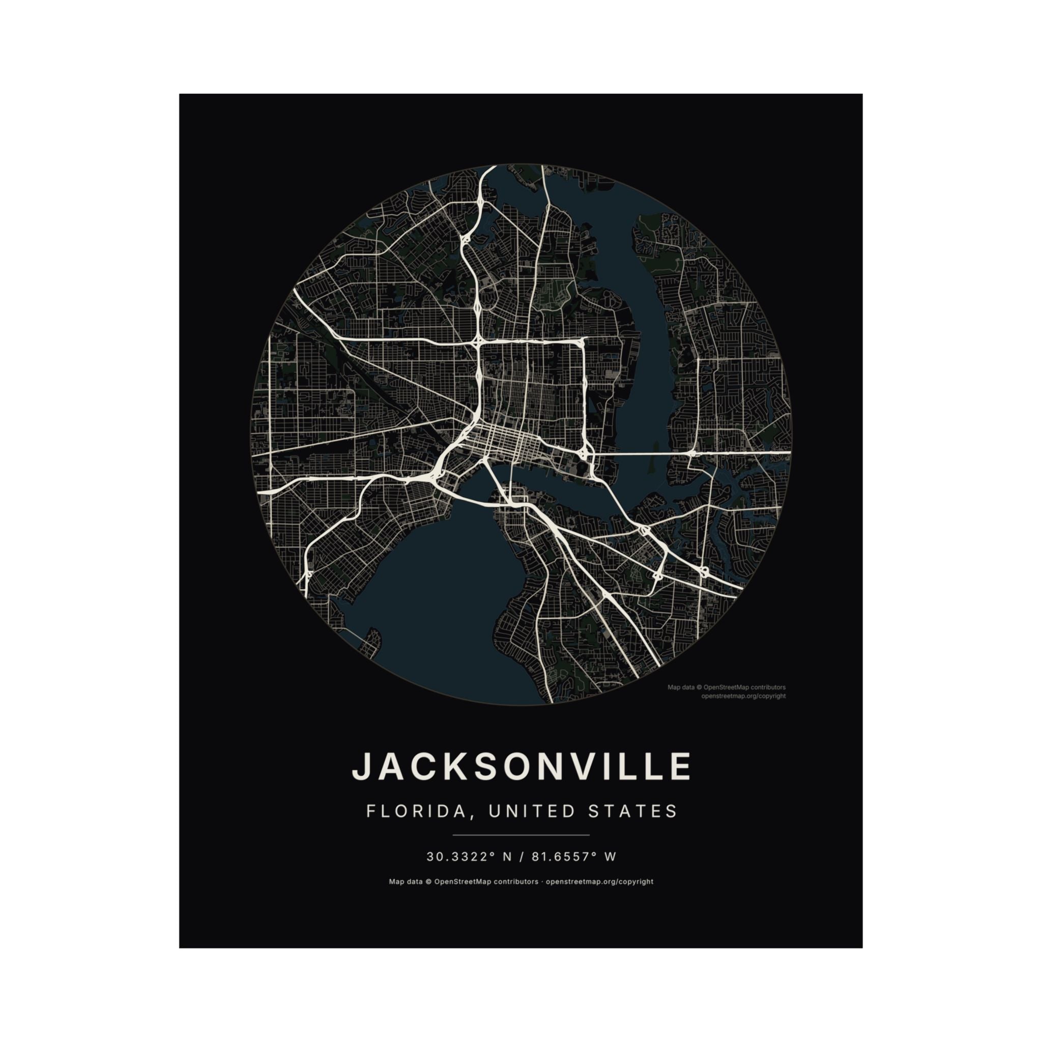 Jacksonville, Florida City Map Print — Noir Black Street Map Wall Art