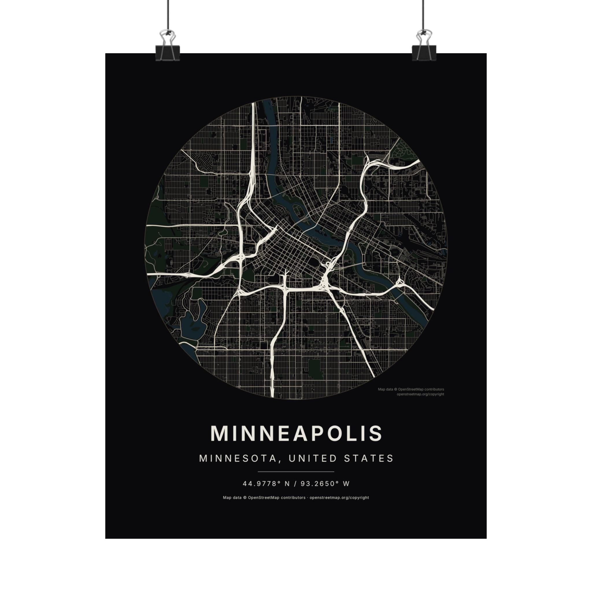 Minneapolis, Minnesota City Map Print — Noir Black Street Map Wall Art