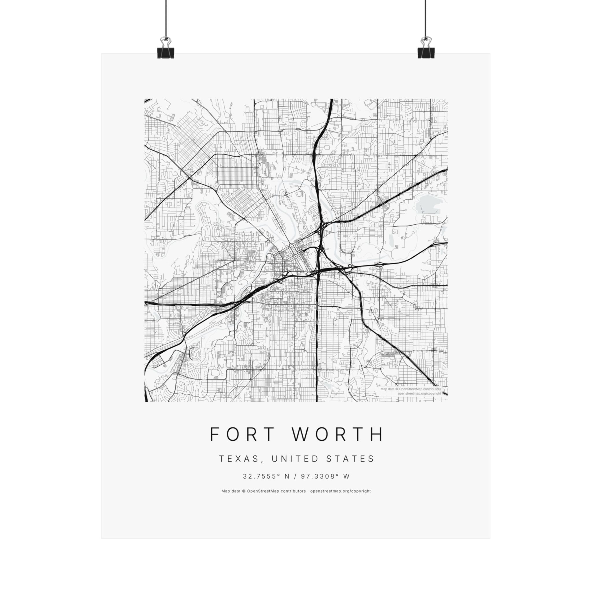 Fort Worth, Texas City Map Print — Minimalist Street Map Wall Art